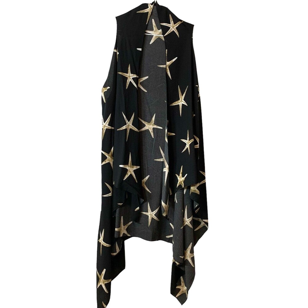 Sleeveless Long Duster Black Gold Starfish Print Handkerchief Hem Mexico